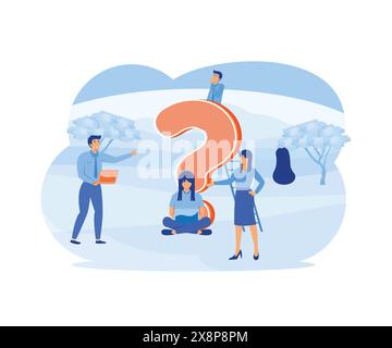 Men and women asking questions, discussing, searching for answers, ideas online and offline using laptop, phone, book next to question mark. flat vect Stock Vector