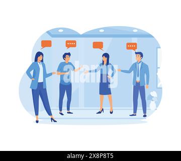 Discussion, team communication conversation, coworker chat, opinion concept, business team coworkers discussing work in meeting with speech bubbles. f Stock Vector