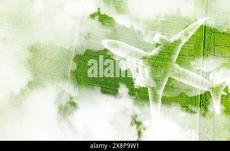 Sustainable aviation fuel concept. Net zero emissions flight. Sustainability transportation. Eco-friendly aviation fuel. Air travel. Future of flight Stock Photo