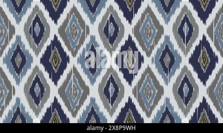 Hand-paingted Ikat style diamond-shaped seamless pattern in indigo blue, gray and denim blue on light blue background. A multipurpose for fabric, wall Stock Vector