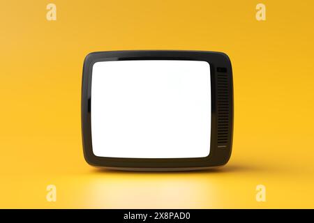 Retro vintage television with blank white isolated screen on yellow background. 3D render. Stock Photo