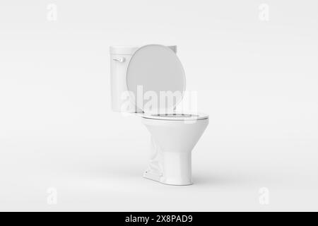 White ceramic toilet bowl with open lid isolated on white background. 3D render. Stock Photo