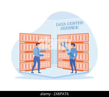 Service engineers administrators set up data centers. Of setting process. Data center services concept. flat vector modern illustration Stock Vector