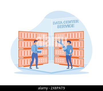 Service engineers administrators set up data centers. Of setting process. Data center services concept. flat vector modern illustration Stock Vector