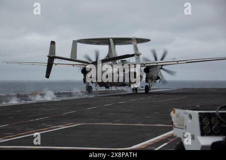 240519-N-CH260-1169 PACIFIC OCEAN (May 19, 2024) An E-2D Hawkeye, assigned to Airborne Command & Control Squadron (VAW) 117, launches from the flight Stock Photo
