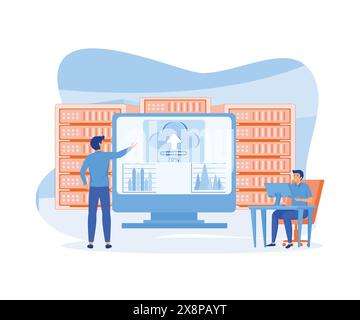 Business technology cloud computing service concept and datacenter storage server connect on cloud with administrator and developer team working on da Stock Vector
