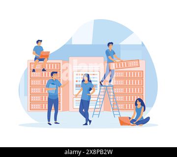 Business people in data center room. Data network management. Concept of hosting server and computer database. flat vector modern illustration Stock Vector