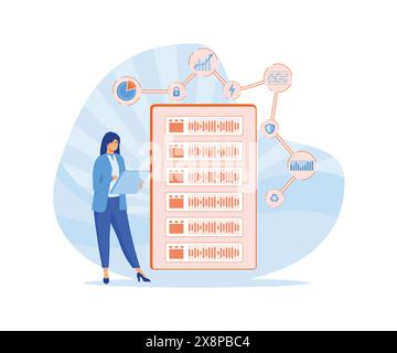 Server maintenance with monitoring tools. Managed server service solution. IT infrastructure monitoring and maintenance. flat vector modern illustrati Stock Vector