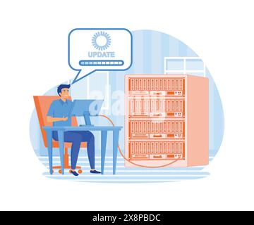 Server maintenance concept with people scene in. Man working at server rack hardware room, updates and optimization computer systems. flat vector mode Stock Vector