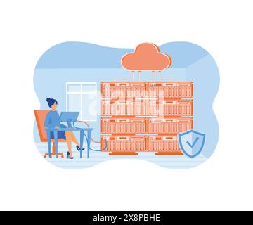 People working on computer and doing technical work with server concept of server maintenance support. flat vector modern illustration Stock Vector