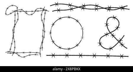 Twisted barbed wire silhouettes set in rounded and square shapes. Vector illustration of steel black wire barb fence frames. Concept of protection Stock Vector