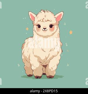 Adorable alpaca art with fluffy coat and large eyes. Stock Vector