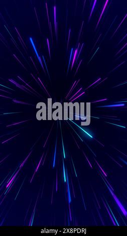 Dynamic and vibrant neon light streaks in blue and purple, radiating against a dark backdrop. Stock Photo