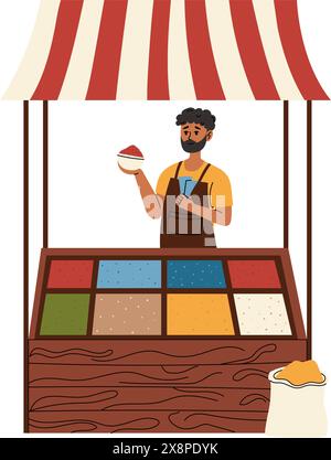 Stalls with spices. Turkish market set. Vector illustration. Stock Vector