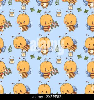 Seamless pattern with cute bees with flowers and honey on blue background. Vector illustration. Cartoon insect kawaii character. Kids collection. Stock Vector
