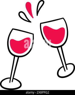 Clink of glasses in doodle style. Red wine splashes. Two wineglasses. Congratulatory toast. Hand drawn line element. Vector illustration in doodle Stock Vector