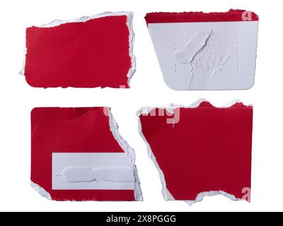 Red and white paper torn from a box packaging on white background with clipping path Stock Photo