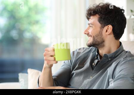 Profile of a happy man drinking coffee looking through a window sitting on a couch at home Stock Photo