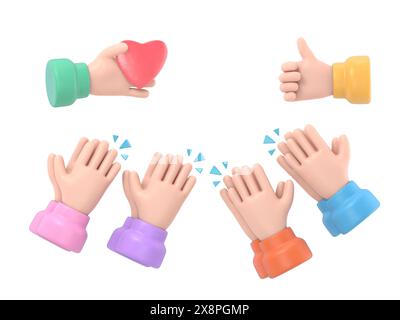 Cartoon Gesture Icon Mockup.Set of people hands clapping, giving likes. Applause, ovation, celebrating, rapture.3D rendering on white background. Stock Photo