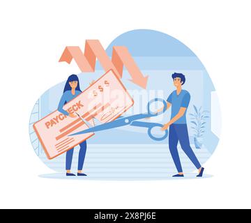 Economy crisis concept. Boss cutting staff employee pay, reducing running costs of a company. flat vector modern illustration Stock Vector