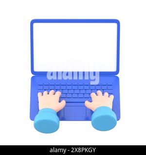 Cartoon Gesture Icon Mockup.Hands in work at laptop keyboard with blank monitor screen at table. Work place at home.3d illustration.3D rendering on wh Stock Photo