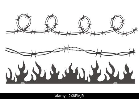 Set Wire Barb heart, y2k tattoo border, flame silhouette gothic spiky punk print pattern neo tribal isolated on white background. Barbwire emo boundary. Vector illustration Stock Vector