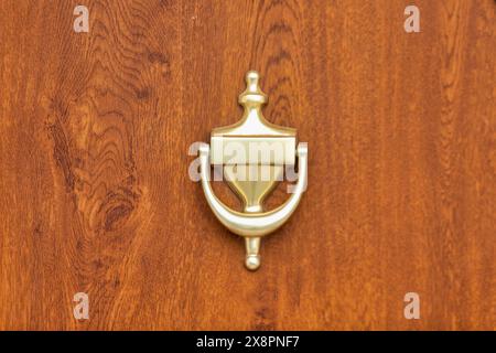 Vintage Brass Door Knocker on Wooden Front Door. Stock Photo