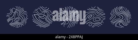 Circular wood rings or topographic map lines texture set. Wood tree topographic abstract lines collection Stock Vector