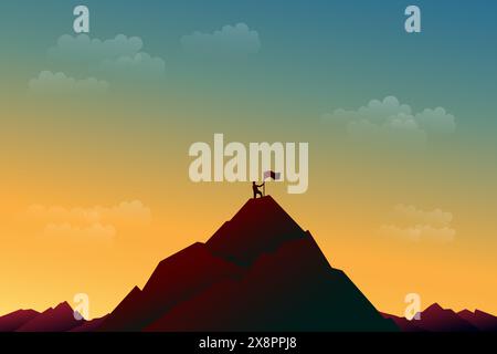silhouette of a man holding a flag on a mountain peak in a twilight atmosphere Stock Vector