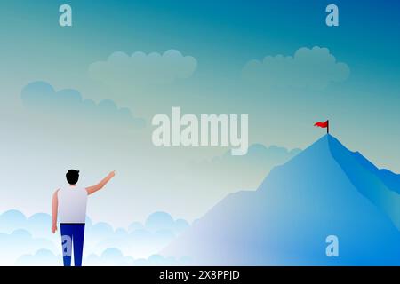 man pointing at flag on mountain top Stock Vector