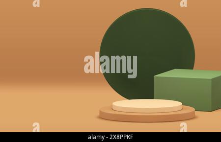 Beige showroom 3d podium cylinder green squared pedestal for product display realistic vector illustration. Advertising minimalist showcase aesthetic Stock Vector