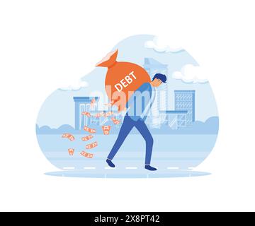 Debt burden, financial obligations or loan payments, mortgage or money loan problem concept, businessman carrying big debt money bag losing banknotes. Stock Vector