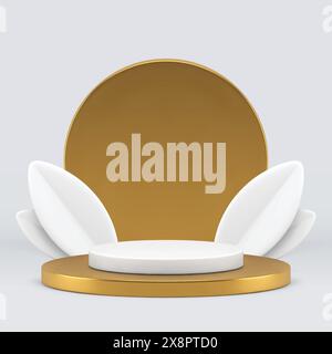 3D white podium stand with circle glass backdrop on blue sky background ...