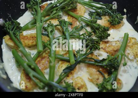 recipe with chicken, bimi vegetables and cream Stock Photo