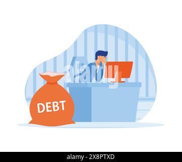 Business debt. Businessman carrying a big bag on his back having financial problems. Bad finance concept. flat vector modern illustration Stock Vector