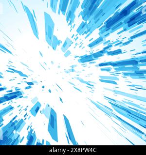 A dynamic burst of blue lines radiates energetically from a central point, creating an impression of explosive movement and powerful force on a white Stock Vector