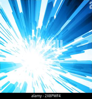 A dynamic burst of blue lines radiates energetically from a central point, creating an impression of explosive movement and powerful force on a white Stock Vector