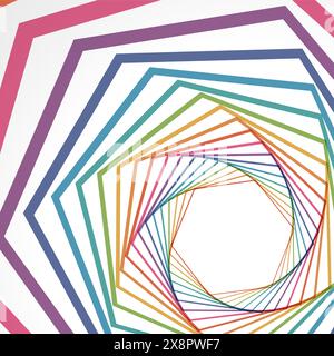 A colorful, geometric pattern spirals towards a central point, creating an optical illusion of depth on a two-dimensional surface. Stock Vector