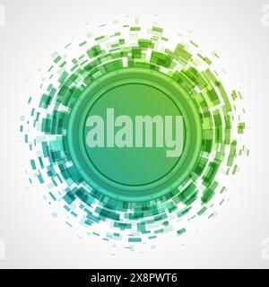 A dynamic digital green vortex with pixelated edges creates a sense of motion, centered around a clear circular area, set against a light abstract bac Stock Vector
