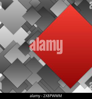 A vibrant red square stands out against a layered background of grayscale geometric blocks, creating a three-dimensional abstract design. Stock Vector
