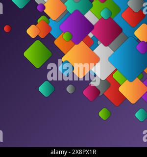 A vibrant selection of assorted geometric shapes in a variety of colors spread across a deep purple gradient backdrop. Stock Vector