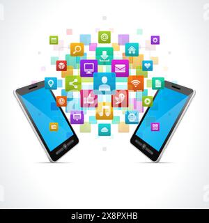 Two smartphones on an abstract background emitting various floating icons representing apps and functions. Stock Vector