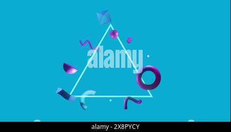 Image of abstract shapes moving next to triangle on blue background Stock Photo