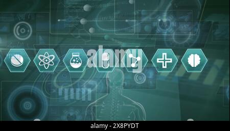 Image of hexagons with medical icons over hud interfaces screens Stock Photo