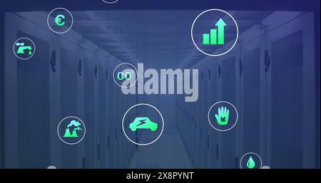 Image of interface with data processing and multiple digital icons against computer server room Stock Photo