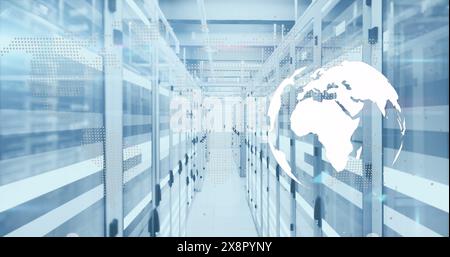 Image of spinning globe and light trails against computer server room Stock Photo