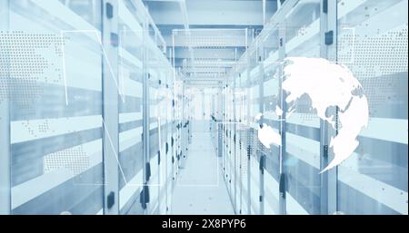 Image of nft text banner, spinning globe and light trails against computer server room Stock Photo