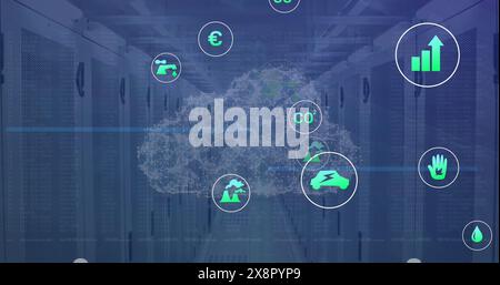 Image of interface with data processing and multiple digital icons against computer server room Stock Photo