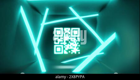 Image of qr code data processing over neon green lines background Stock Photo