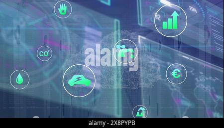 Image of interface with data processing and multiple digital icons against computer server room Stock Photo